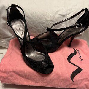 BLACK SEQUIN PEEP TOE HEELS BY NINA - SIZE 7
